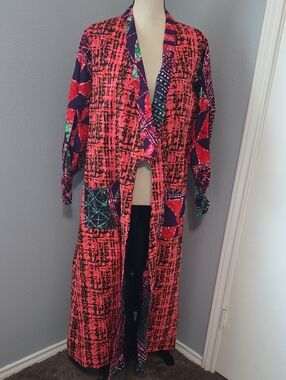 Hafi African Print Kimono/Duster Coat Vibrant Coral and Navy Sz M